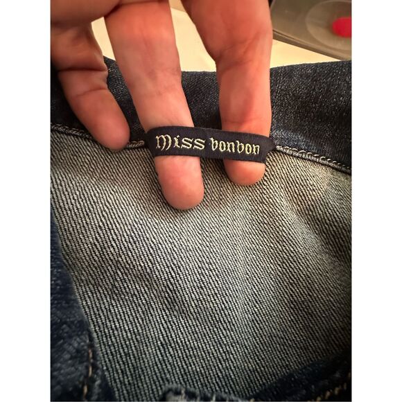 Miss bonbon Girl Dark Blue Graphic Print Denim Jacket Size XL - Picture 10 of 11